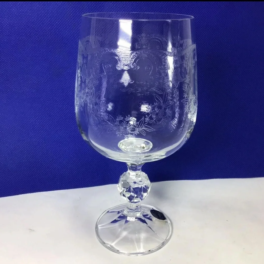 Set of 6 Vintage Bohemia Etching Floral Crystal Hand Blown Wine Glasses